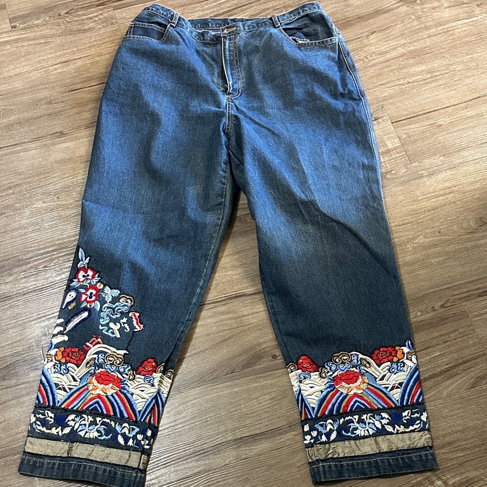 Chico's Dark Blue Embroidered Wide Leg Jeans